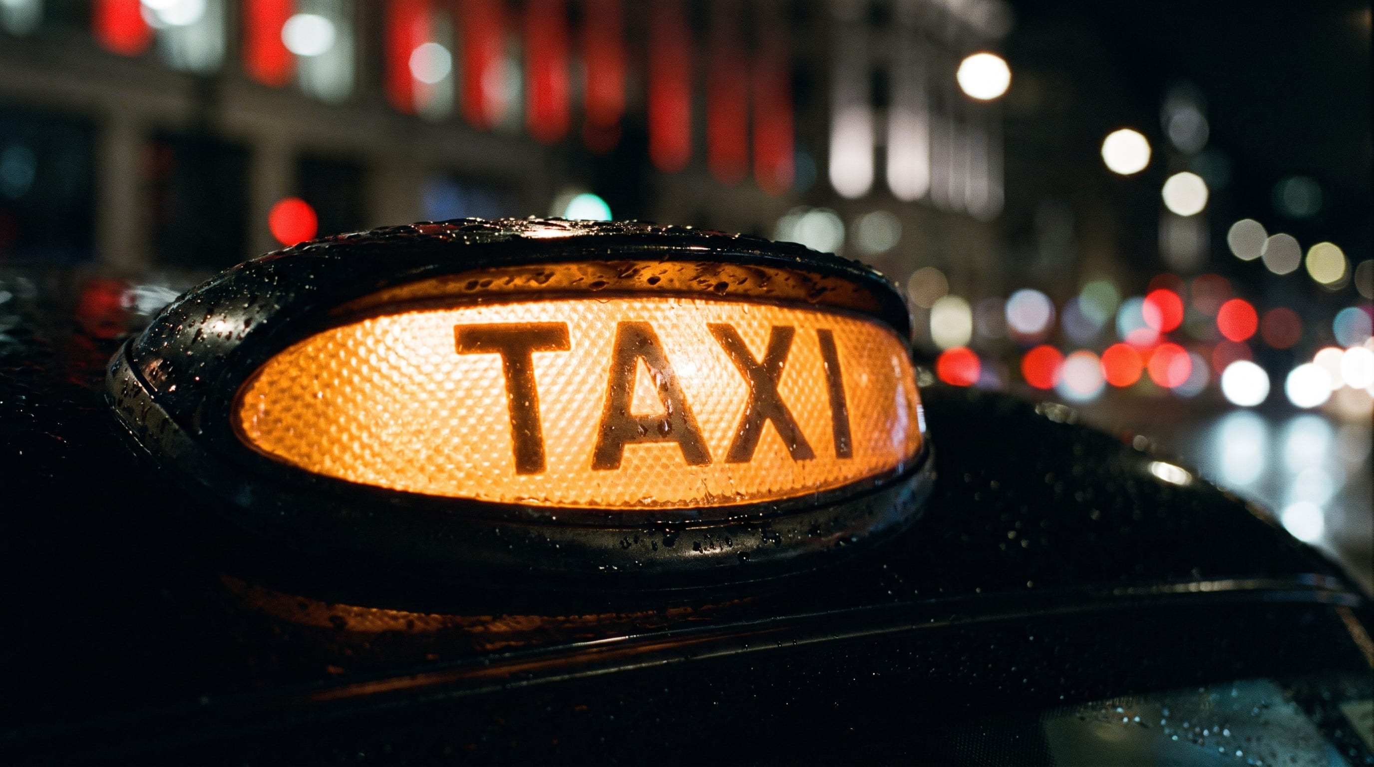 Illuminated London taxi sign at night